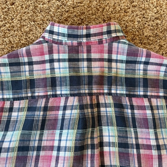 Tommy Bahama Mens Medium 100% Linen Plaid Button Shirt Pink Blue Teal - Picture 10 of 14